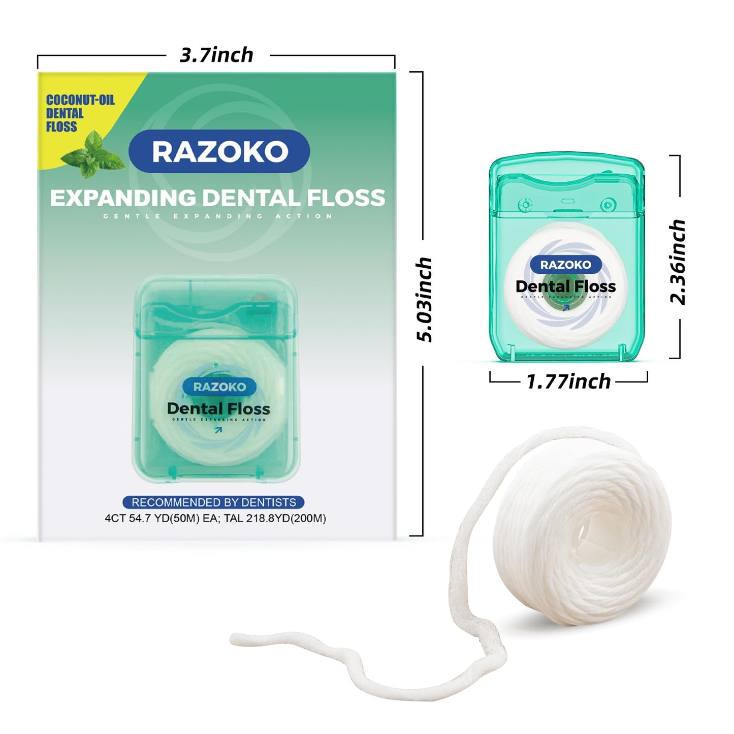 RAZOKO Coconut Oil Dental Floss – Expanding for Wide Spaces – Mint (55 Yards, 4 Count)