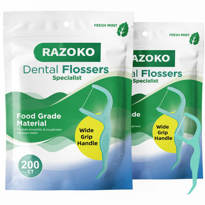 RAZOKO Dental Floss Picks – Mint Flavor, Shred-Resistant, Easy Grip (400 Count Pack of 2)
