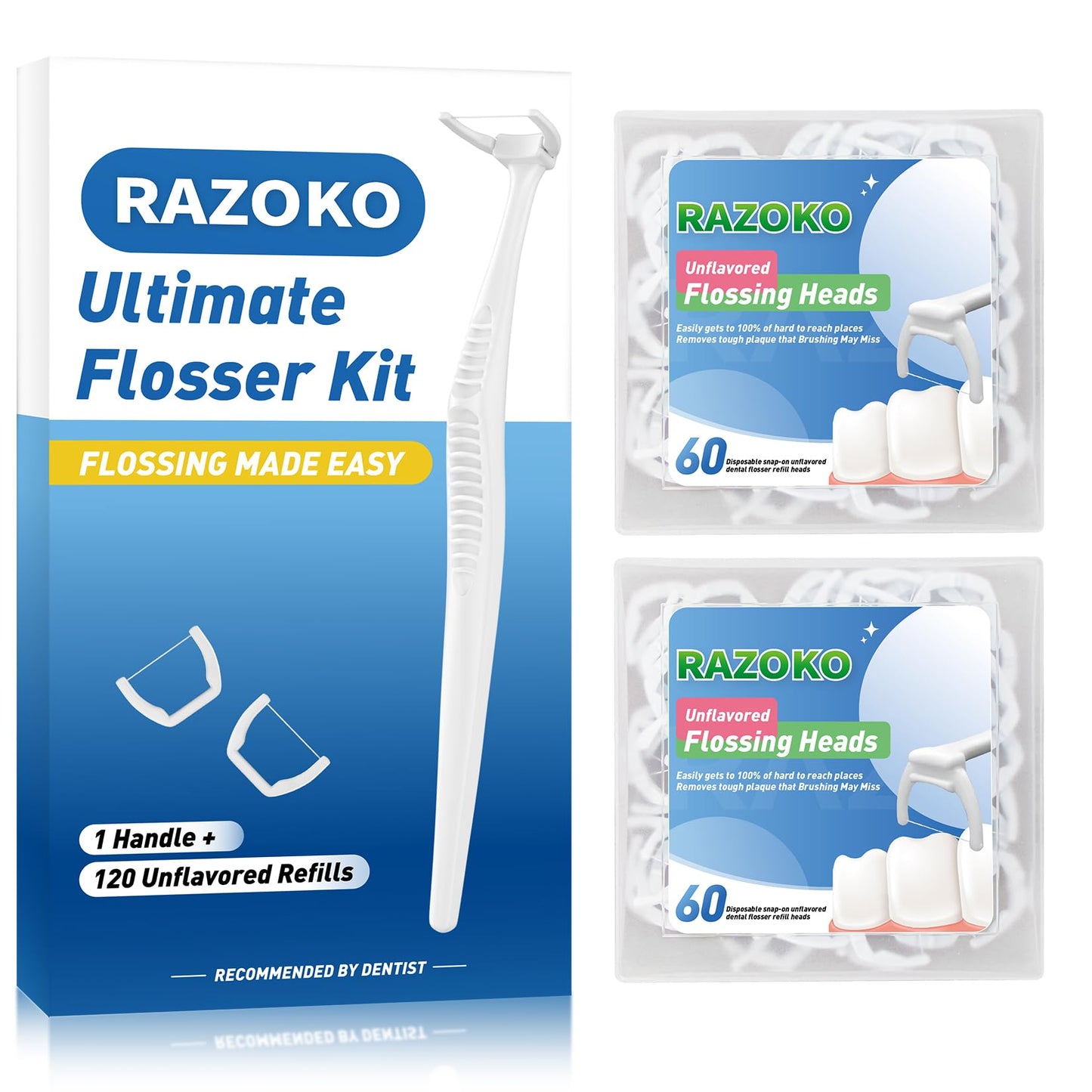 RAZOKO Ultimate Flosser Kit – 1 Handle & 120 Extra Strength Refills
