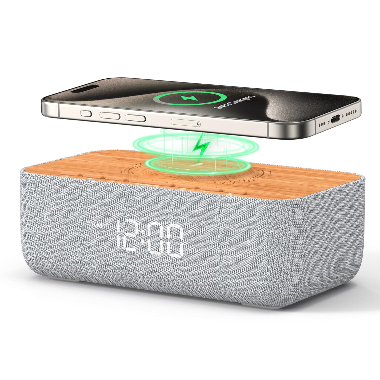 REACHER 15W Magnetic Wireless Charging Alarm Clock with White Noise Machine, Woodgrain — 20 High‑Fidelity Sounds, Gradual Wake, Snooze & Dimmable Display