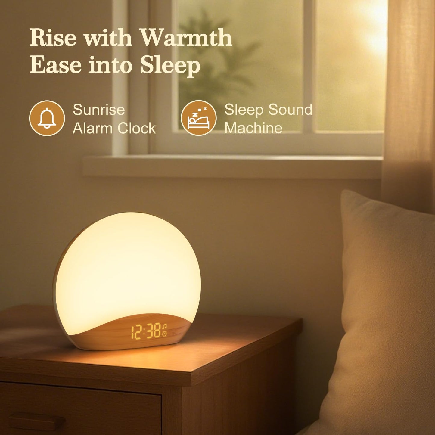 REACHER Wood Grain Sunrise Alarm Clock & Sound Machine | 26 Sleep Sounds, Dimmable Night Light, Wake-Up Light