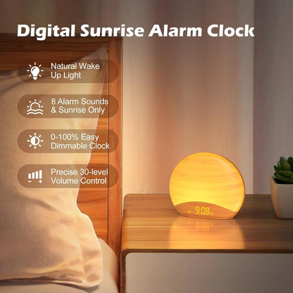 REACHER Natural Wood Grain Sunrise Alarm Clock – 26 Sleep Sounds, Dimmable Night Light