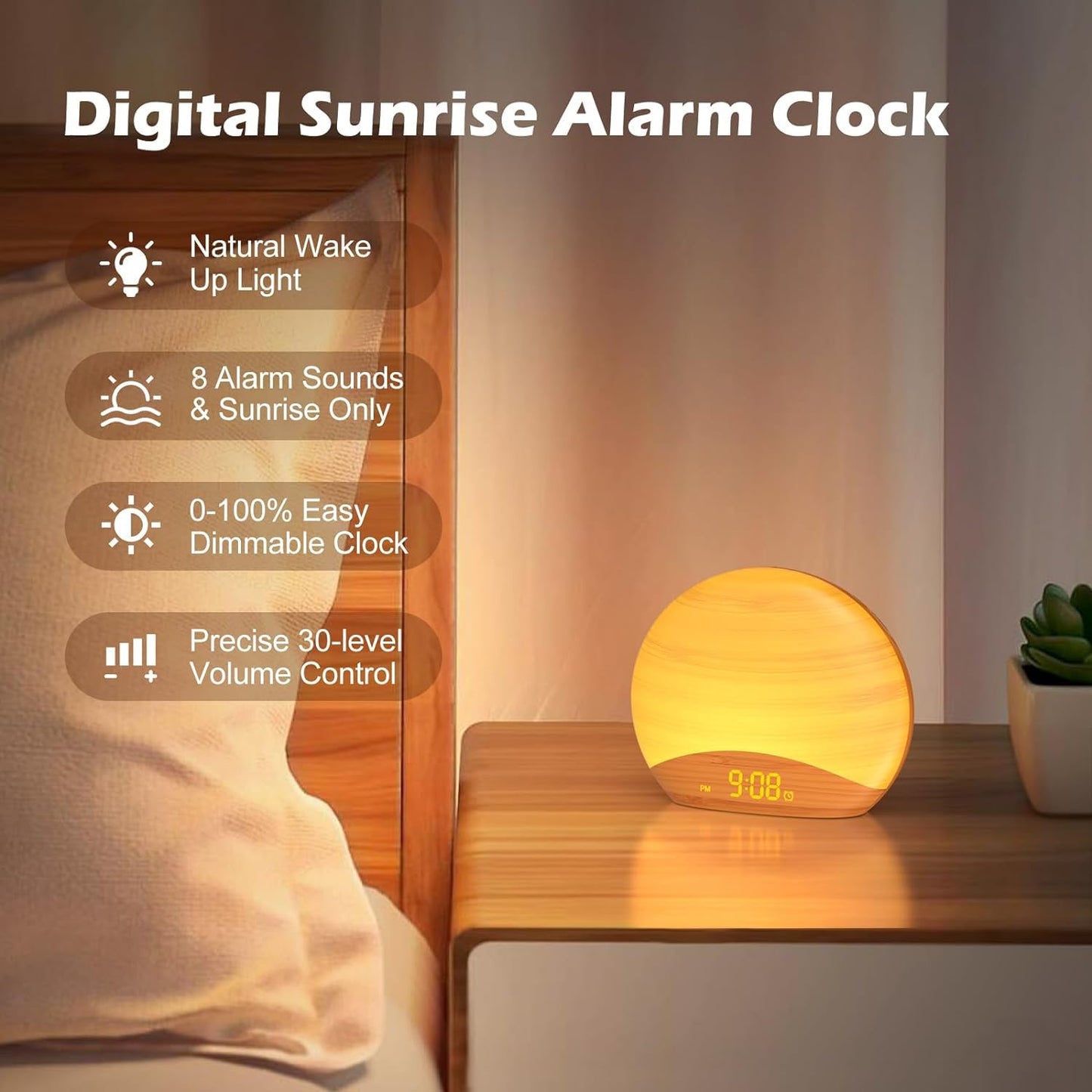 REACHER Natural Wood Grain Sunrise Alarm Clock – 26 Sleep Sounds, Dimmable Night Light