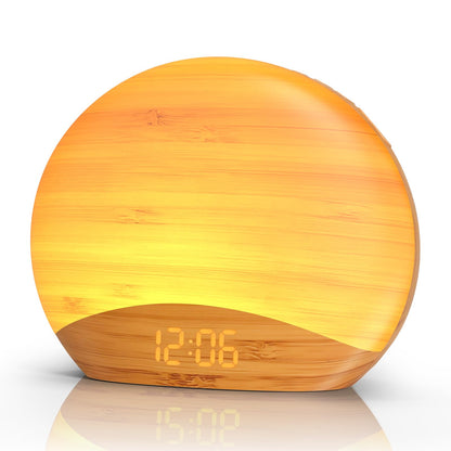 REACHER Natural Wood Grain Sunrise Alarm Clock – 26 Sleep Sounds, Dimmable Night Light