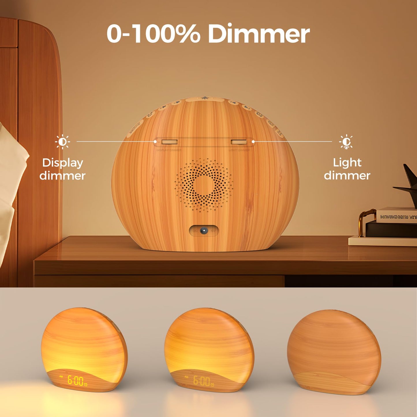 REACHER Natural Wood Grain Sunrise Alarm Clock – 26 Sleep Sounds, Dimmable Night Light