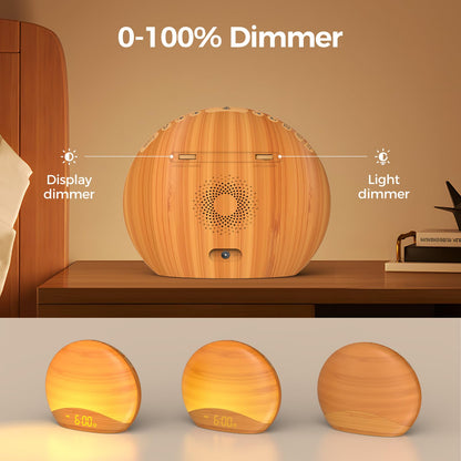 REACHER Natural Wood Grain Sunrise Alarm Clock – 26 Sleep Sounds, Dimmable Night Light