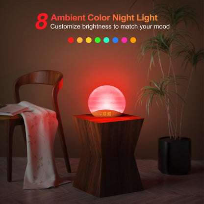 REACHER Natural Wood Grain Sunrise Alarm Clock – 26 Sleep Sounds, Dimmable Night Light
