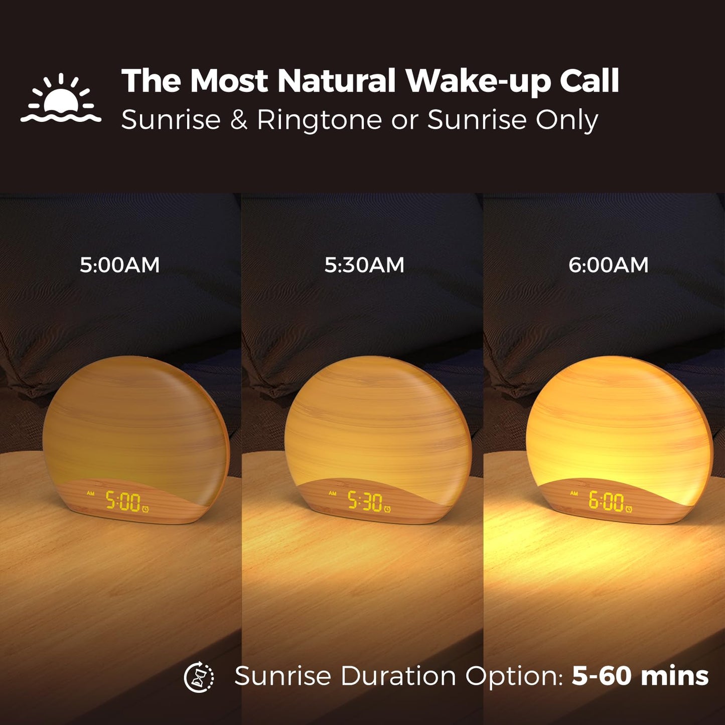 REACHER Natural Wood Grain Sunrise Alarm Clock – 26 Sleep Sounds, Dimmable Night Light