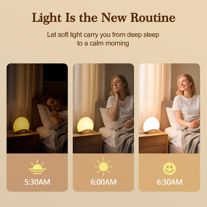 REACHER Wood Grain Sunrise Alarm Clock & Sound Machine | 26 Sleep Sounds, Dimmable Night Light, Wake-Up Light