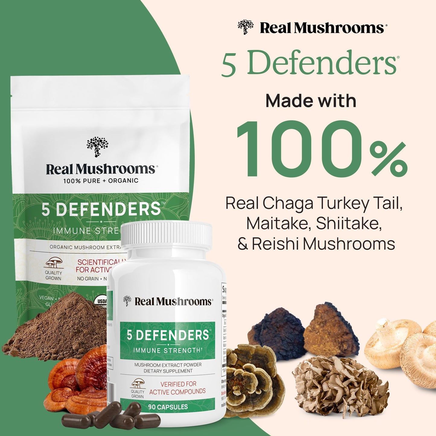 Real Mushrooms 5 Defenders Mushroom Complex Powder – Organic 5-Mushroom Blend, 100 Servings