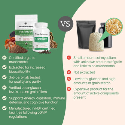 Real Mushrooms 5 Defenders Mushroom Complex Powder – Organic 5-Mushroom Blend, 100 Servings