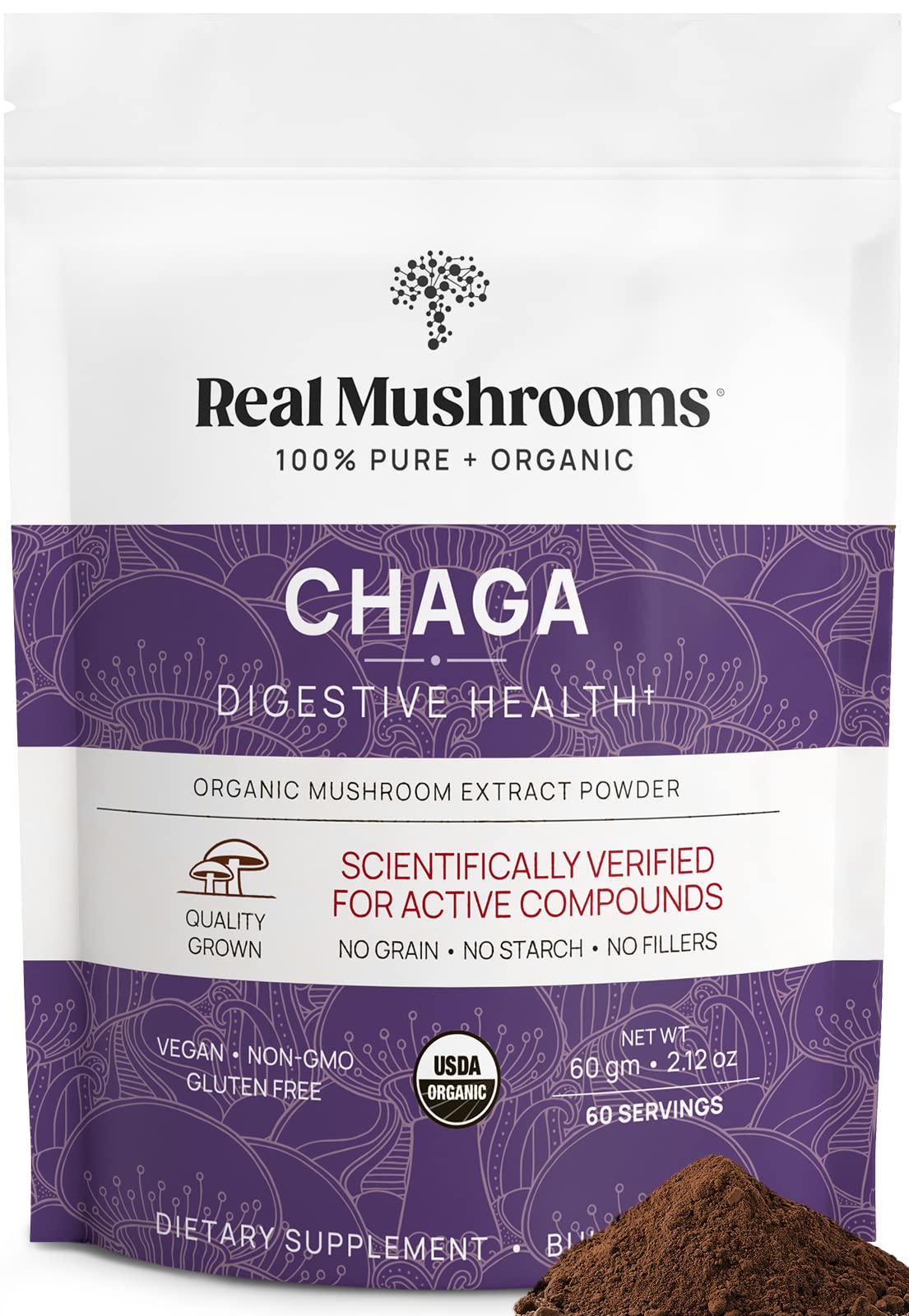 Real Mushrooms Chaga Mushroom Powder – Organic Chaga Extract (60 Servings) – Daily Wellness & Energy