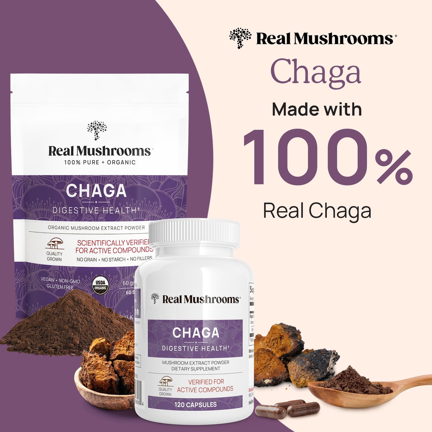 Real Mushrooms Chaga Mushroom Powder – Organic Chaga Extract (60 Servings) – Daily Wellness & Energy