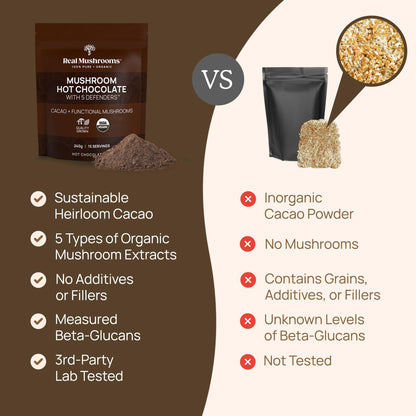 Real Mushrooms Organic Hot Chocolate Mix – 5 Defenders Cacao, Vegan, Gluten-Free