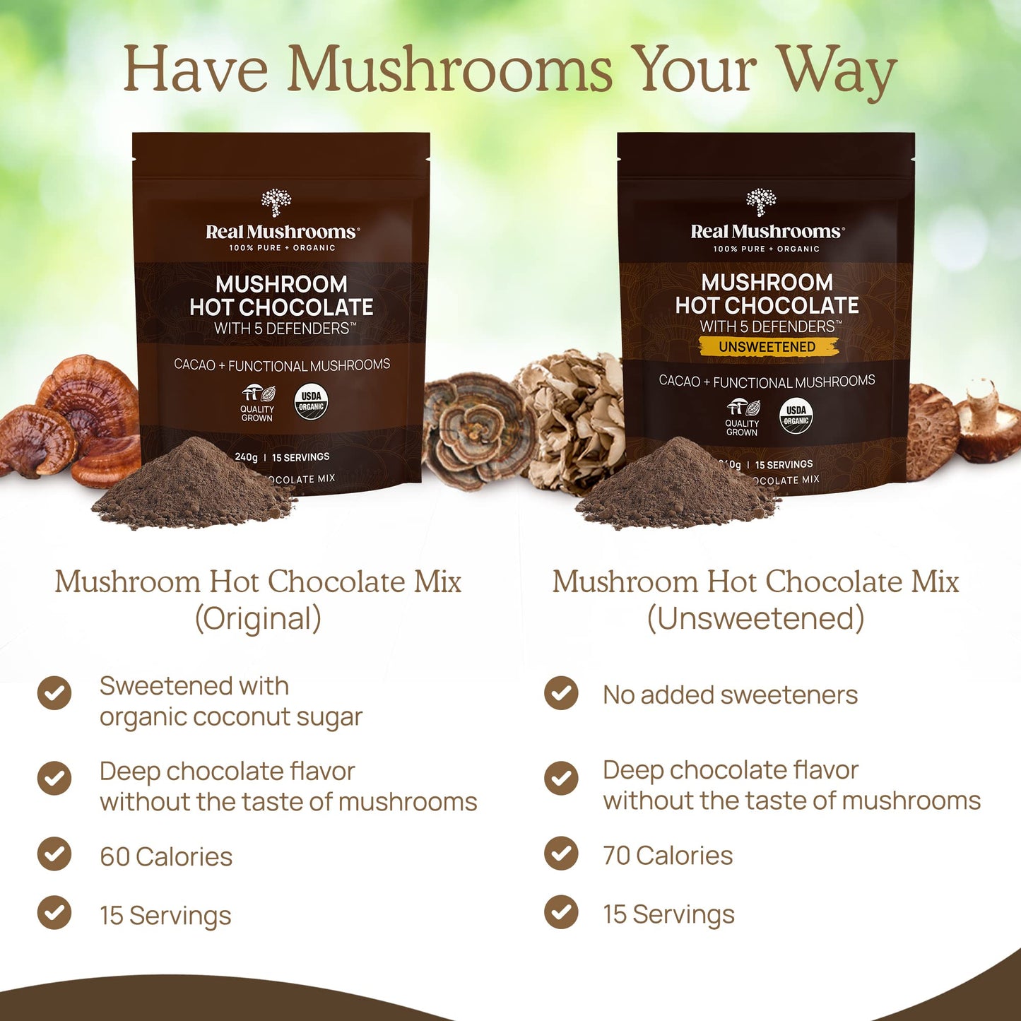 Real Mushrooms Organic Hot Chocolate Mix – 5 Defenders Cacao, Vegan, Gluten-Free
