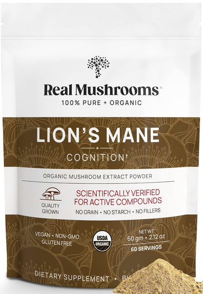 Real Mushrooms Lions Mane Supplement - Organic, Vegan, Non-GMO | 60 Servings