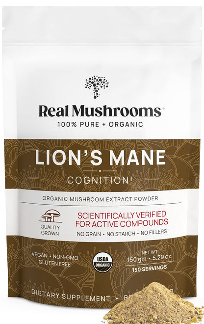 Real Mushrooms Lion’s Mane Supplement Powder – Organic Lion’s Mane Extract, 150 Servings