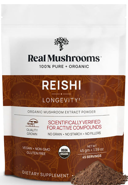 Real Mushrooms Reishi Powder – Organic Red Reishi Extract, 45 Servings, Beta-Glucans