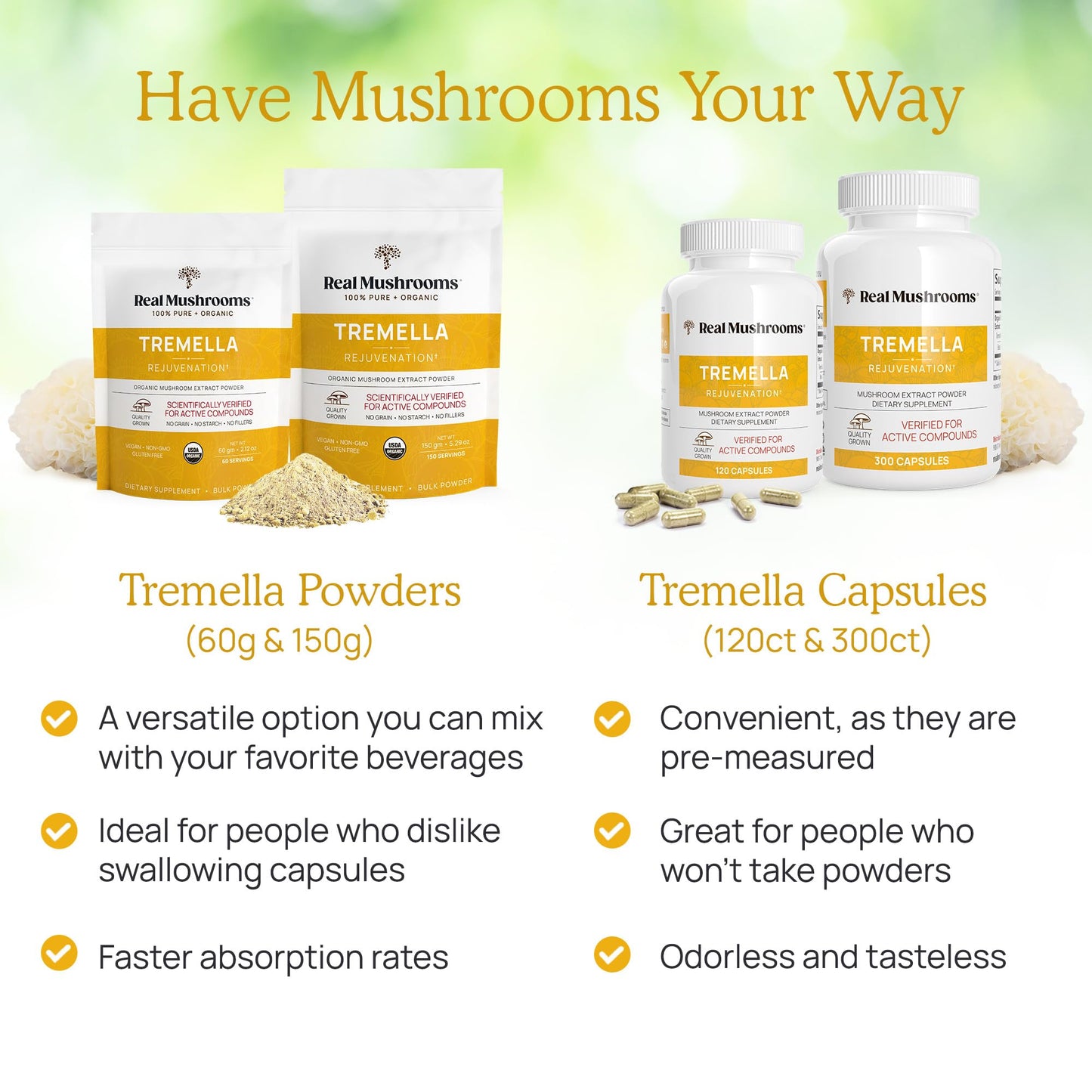 Real Mushrooms Tremella Capsules – Organic Tremella Extract, 300 Count
