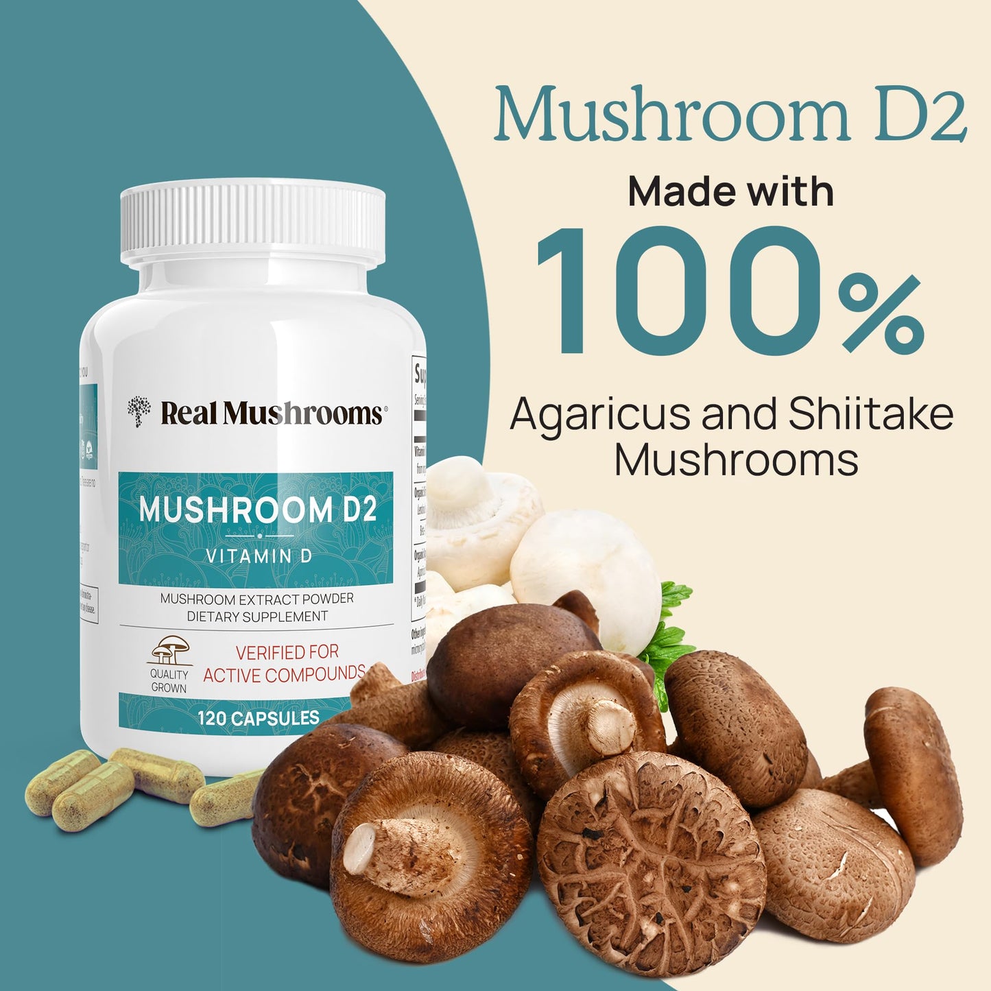 Real Mushrooms Vitamin D2 from Shiitake & Agaricus – 1000 IU, Vegan, Organic