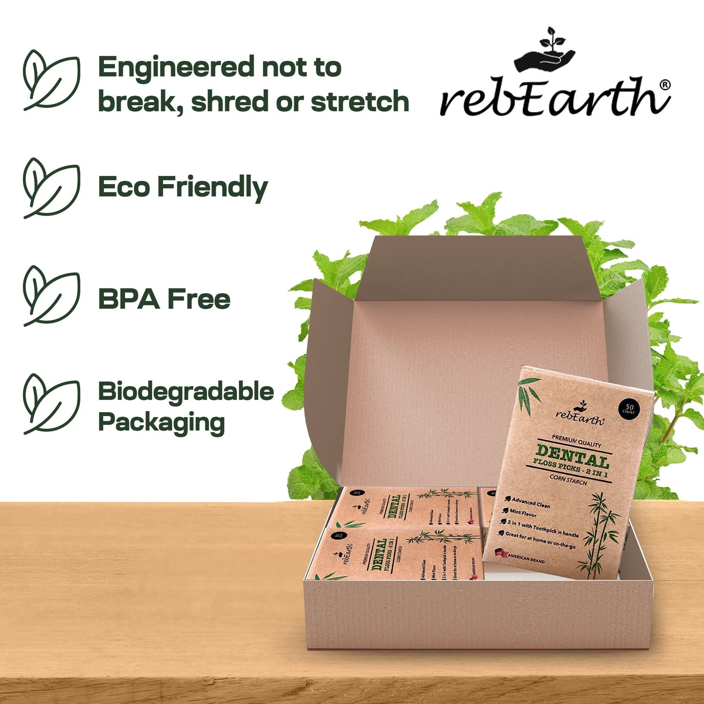 rebEarth Mint Flavored Dental Floss Picks – 200 Count, 2-in-1 Plant-Based