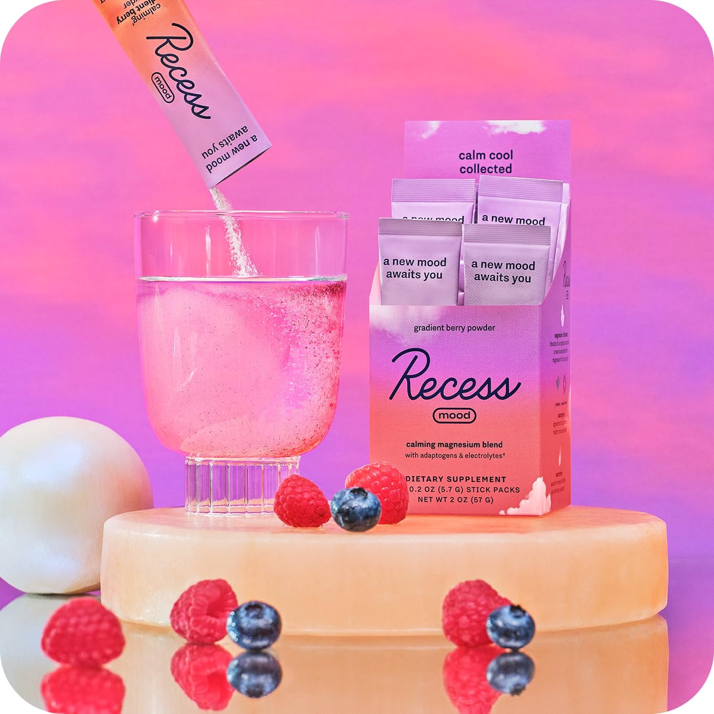 Recess Mood Powder – Calming Magnesium L-Threonate + L-Theanine (Gradient Berry, Pack of 10)