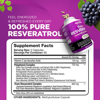 Nutrivein Premium Resveratrol 1450mg - 120 Caps: Pure Trans Resveratrol Supplement Enhanced with Green Tea Leaf & Acai Berry - Aging, Defenses, Brain, Heart, and Joint Support