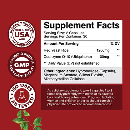 Red Yeast Rice with CoQ10 - 1200 mg Heart Health & Cholesterol Support - 60 Capsules