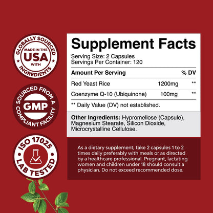 Red Yeast Rice with CoQ10 Supplement - Advanced Heart Health & Cholesterol Support for Men & Women - Extra Strength 1200 mg + CoQ10, 240 Count