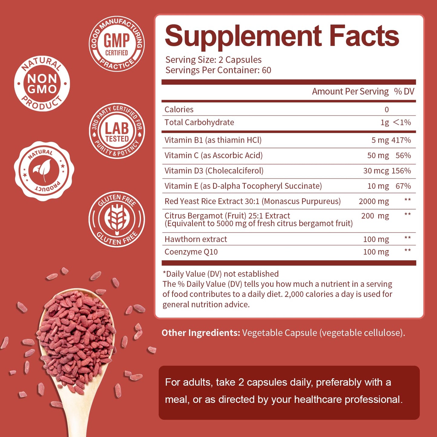 Red Yeast Rice 2,000mg with CoQ10 – Citrinin-Free, Bergamot & Hawthorn | Vegan Non-GMO