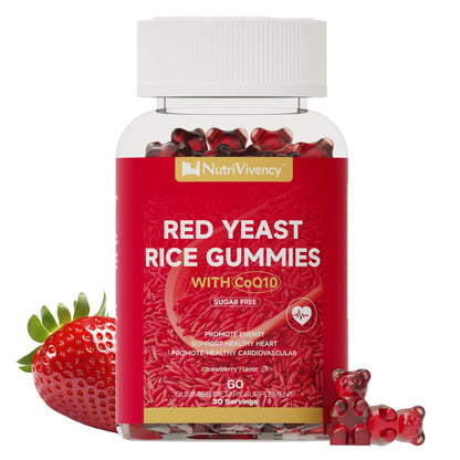 Red Yeast Rice with CoQ10 Gummies - 2400mg + 200mg CoQ10, Strawberry Flavor, 60 Counts, Vegan