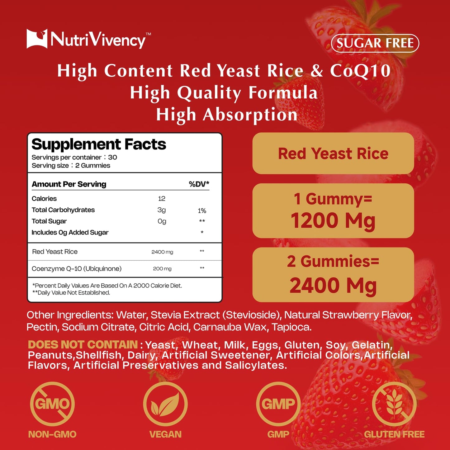 Red Yeast Rice with CoQ10 Gummies - 2400mg + 200mg CoQ10, Strawberry Flavor, 60 Counts, Vegan