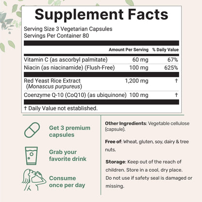 Red Yeast Rice 1,200mg + CoQ10 100mg | 240 Veggie Capsules | 4-in-1 Niacin & Vitamin C for Heart Health