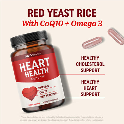 Red Yeast Rice 1200mg with CoQ10 & Omega-3 – Heart Health Support (90 Ct)