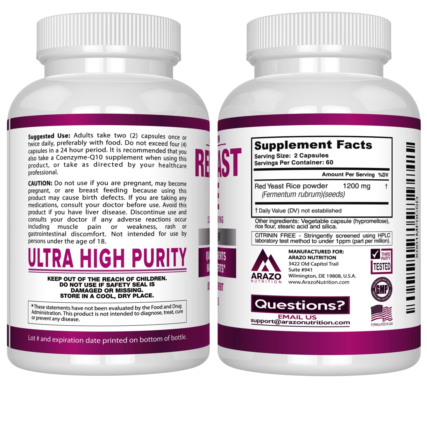 Arazo Nutrition Red Yeast Rice Extract 1200 mg – Citrinin Free – Vegetarian 120 Capsules