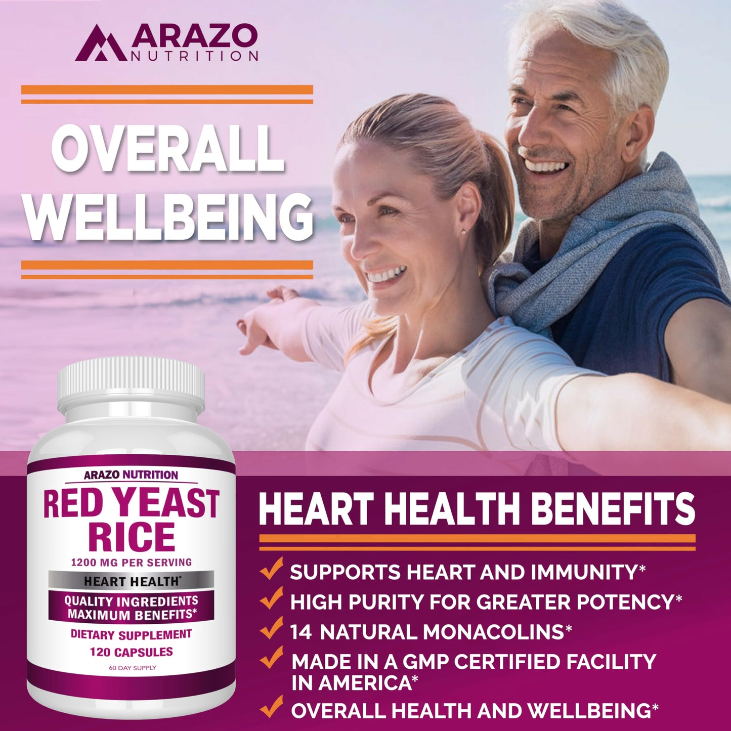 Arazo Nutrition Red Yeast Rice Extract 1200 mg – Citrinin Free – Vegetarian 120 Capsules