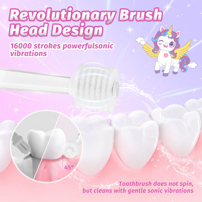ReDISEN Kids Electric Toothbrush – Toddler Sonic, 2-Min Timer, 4 Heads, Pink Unicorn