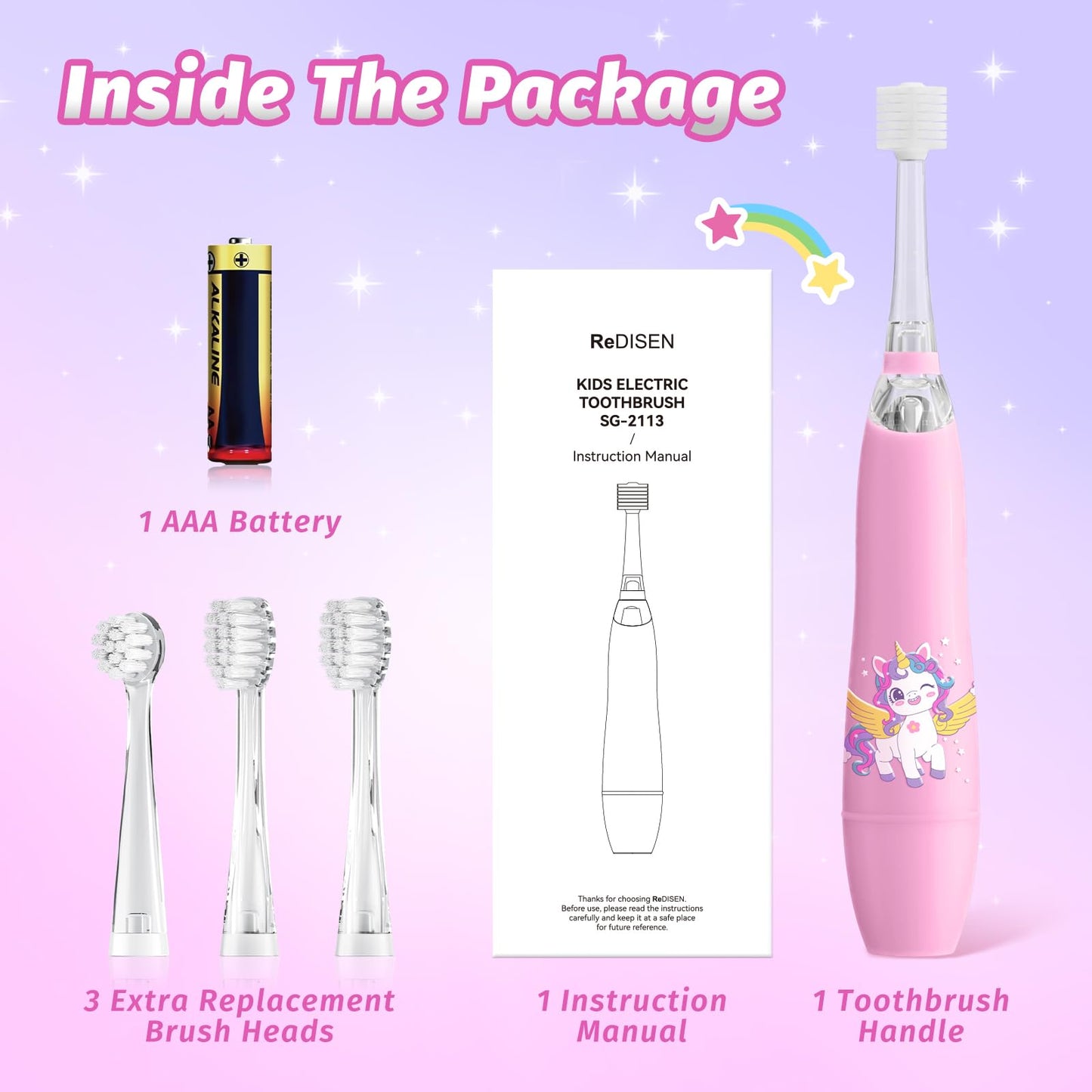 ReDISEN Kids Electric Toothbrush – Toddler Sonic, 2-Min Timer, 4 Heads, Pink Unicorn