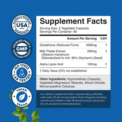 Reduced Glutathione 1000mg with Milk Thistle - 120 Capsules | Skin, Liver & Immune Support