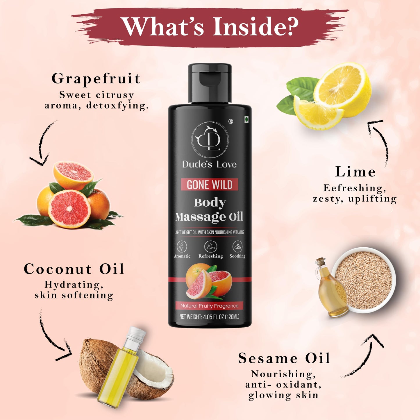 Organic Grapefruit Full Edible Body Massage Oil – Refreshing, Calming | No Stain & Non-Sticky | Fractionated Coconut Oil, Grapefruit & Lime Oil – 4.05 Fl Oz