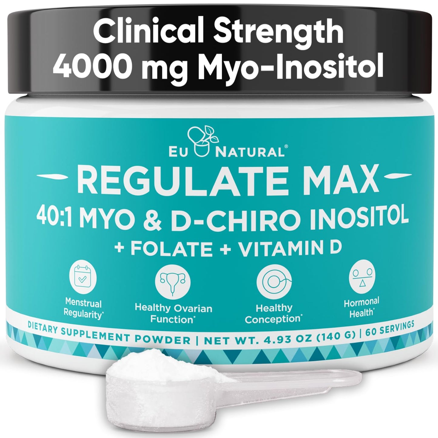 Regulate MAX Myo-Inositol & D-Chiro Inositol Powder for Women – PCOS Support, Vitamin D & Folate, 60 Servings