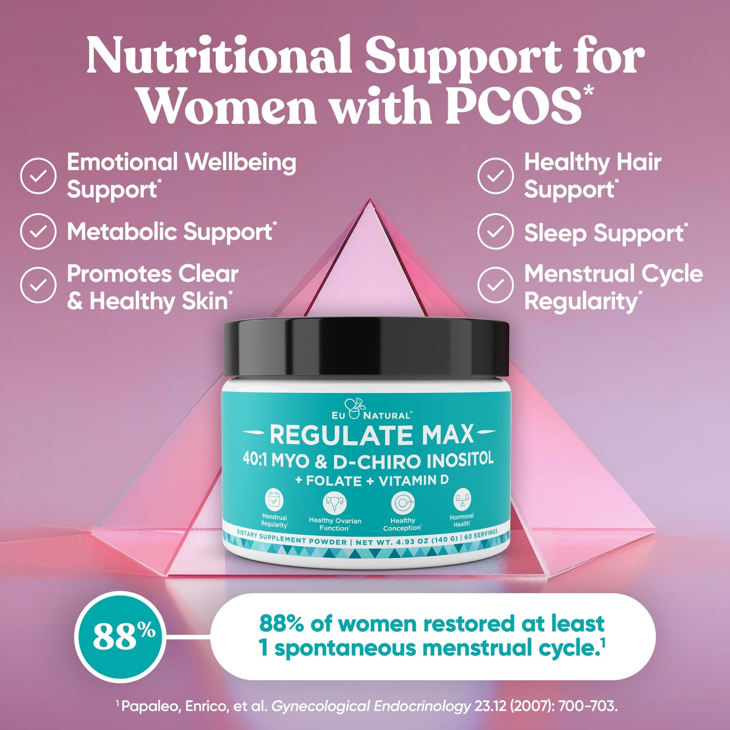 Regulate MAX Myo-Inositol & D-Chiro Inositol Powder for Women – PCOS Support, Vitamin D & Folate, 60 Servings