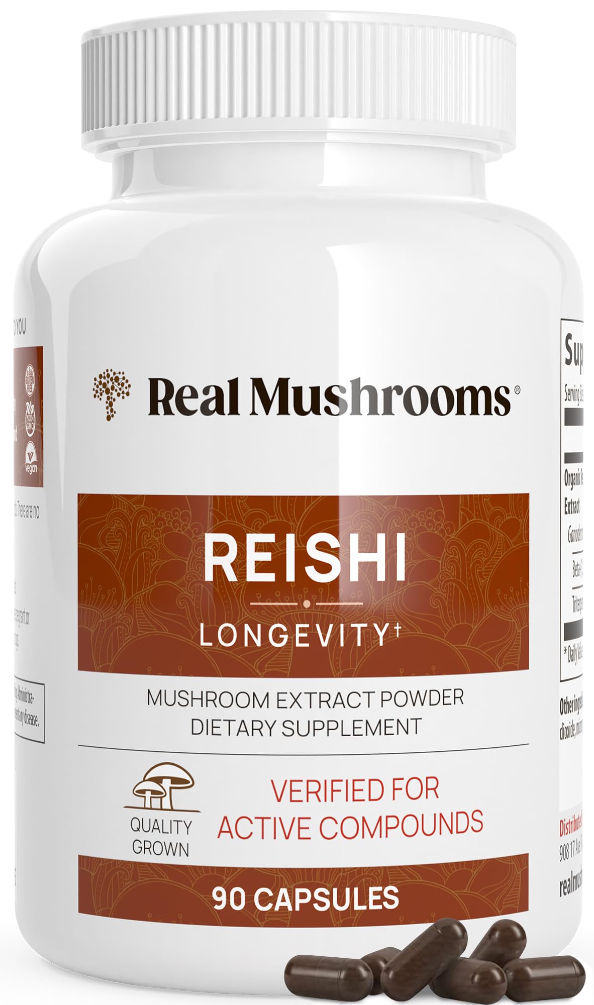 Real Mushrooms Reishi Capsules - Organic Red Reishi Extracts, 90 Ct, Vegan & Non-GMO