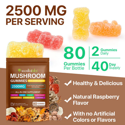 Lions Mane Mushroom Gummies Supplement Blend Organic Reishi, Cordyceps & More, Boosts Energy, Memory, Immunity - 80 Gummies (2)