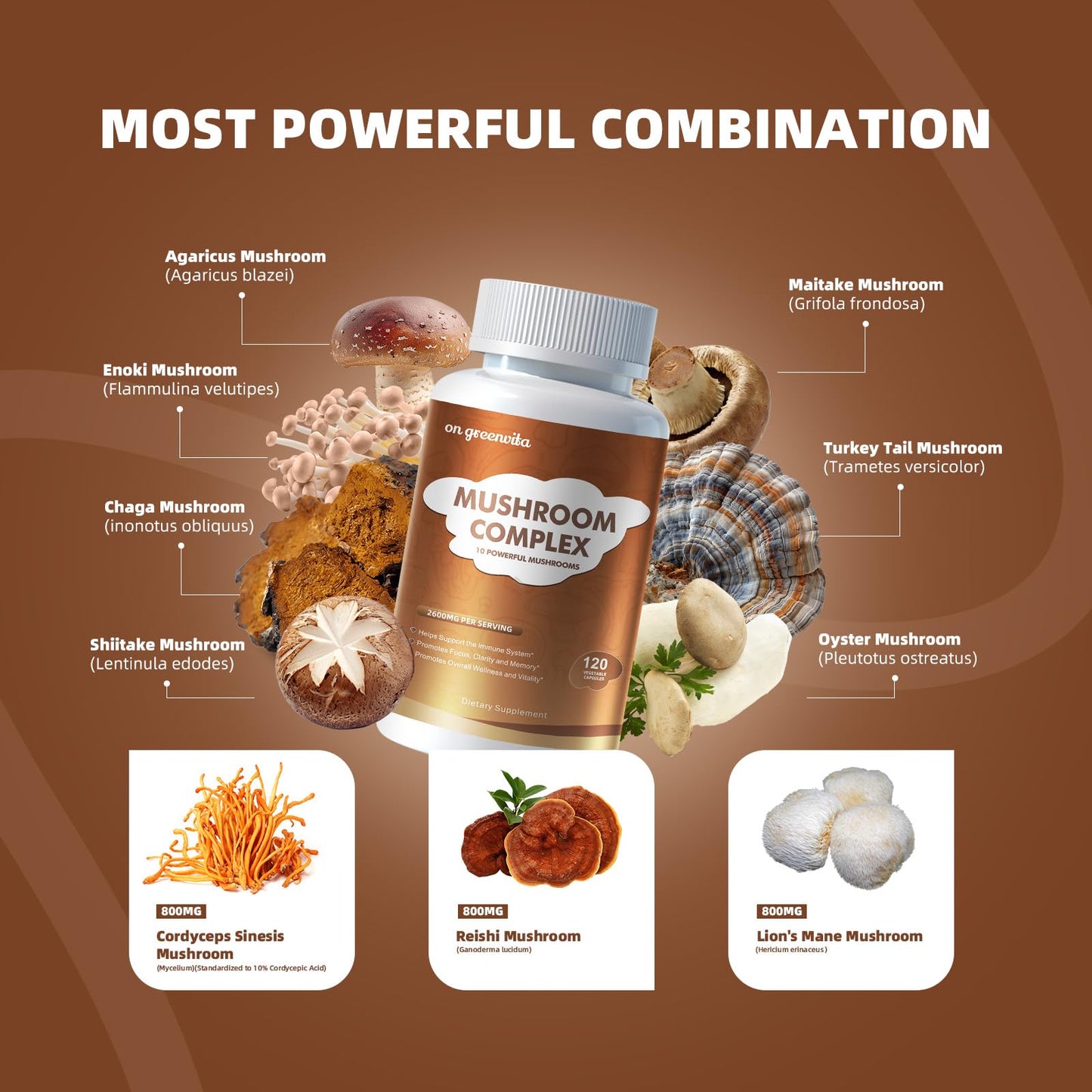 Mushroom Complex 2600mg - 120 Capsules | 10-Mushroom Blend (Reishi, Lions Mane, Cordyceps)