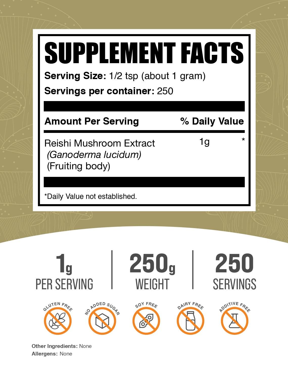 BulkSupplements Reishi Mushroom Extract Powder – 250g, 1g Serving, Gluten Free (Pack of 1)