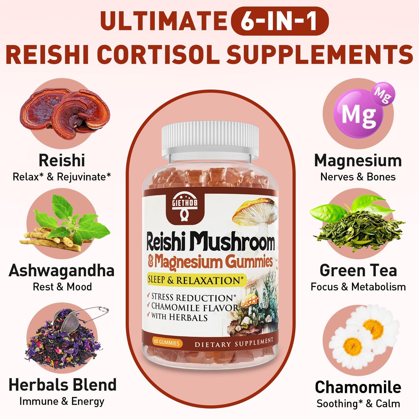 Reishi Mushroom Gummies - Cortisol Support, Relaxation & Immunity | Vegan (60 Gummies)