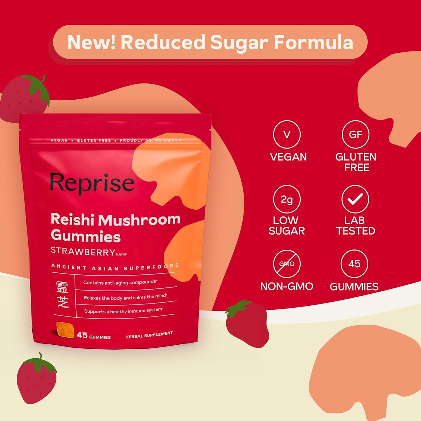Reishi Mushroom Gummies | Hongo Reishi Mushroom Supplement (Lingzhi, Ganoderma Lucidum) | Full Spectrum Stress Gummies for Adults | Red Reishi Mushroom | Strawberry Flavor | 45 Count (Pack of 3)