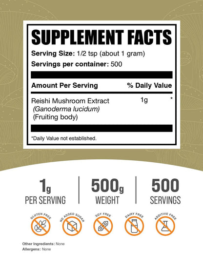 Reishi Mushroom Extract Powder – 500g (1g/Serving) – Gluten Free | BulkSupplements
