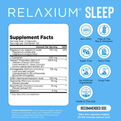 Relaxium Sleep Aid for Adults – Melatonin 5mg + Magnesium Glycinate (60 Capsules)